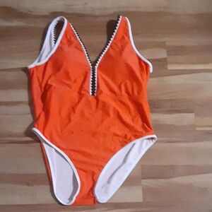 SHEIN Orange and White V-Neck One Piece Swimsuit